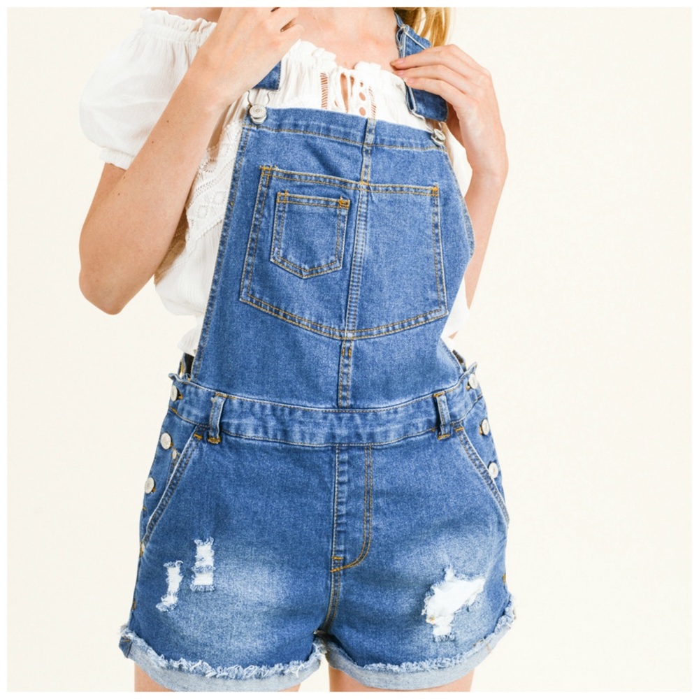 🎉HP!🎉 Distressed Racer Back Boho Denim Overalls - Picture 1 of 7